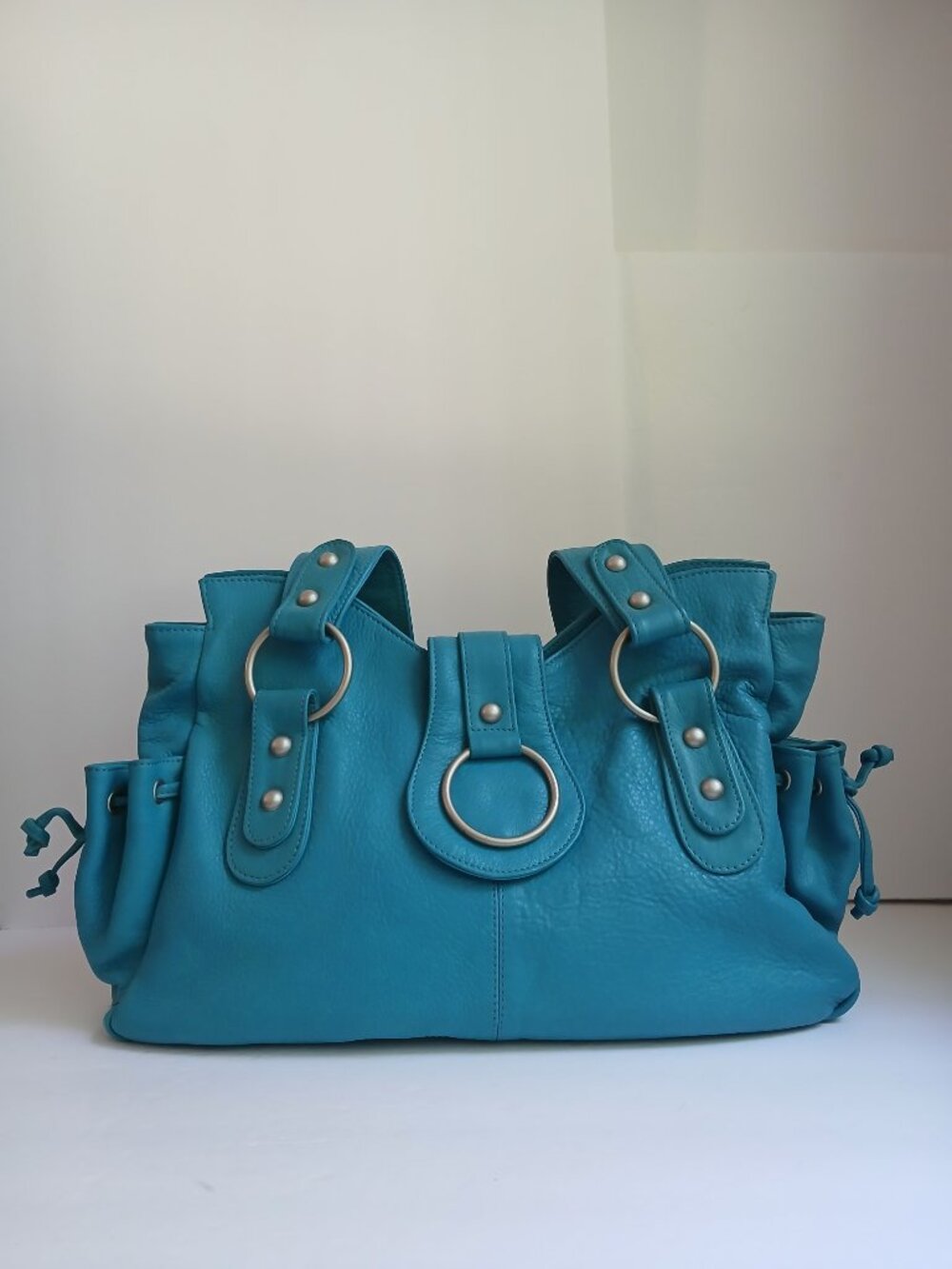 Large Y2K Slouchy Turquoise Genuine Leather Silver Ring Shoulder Bag